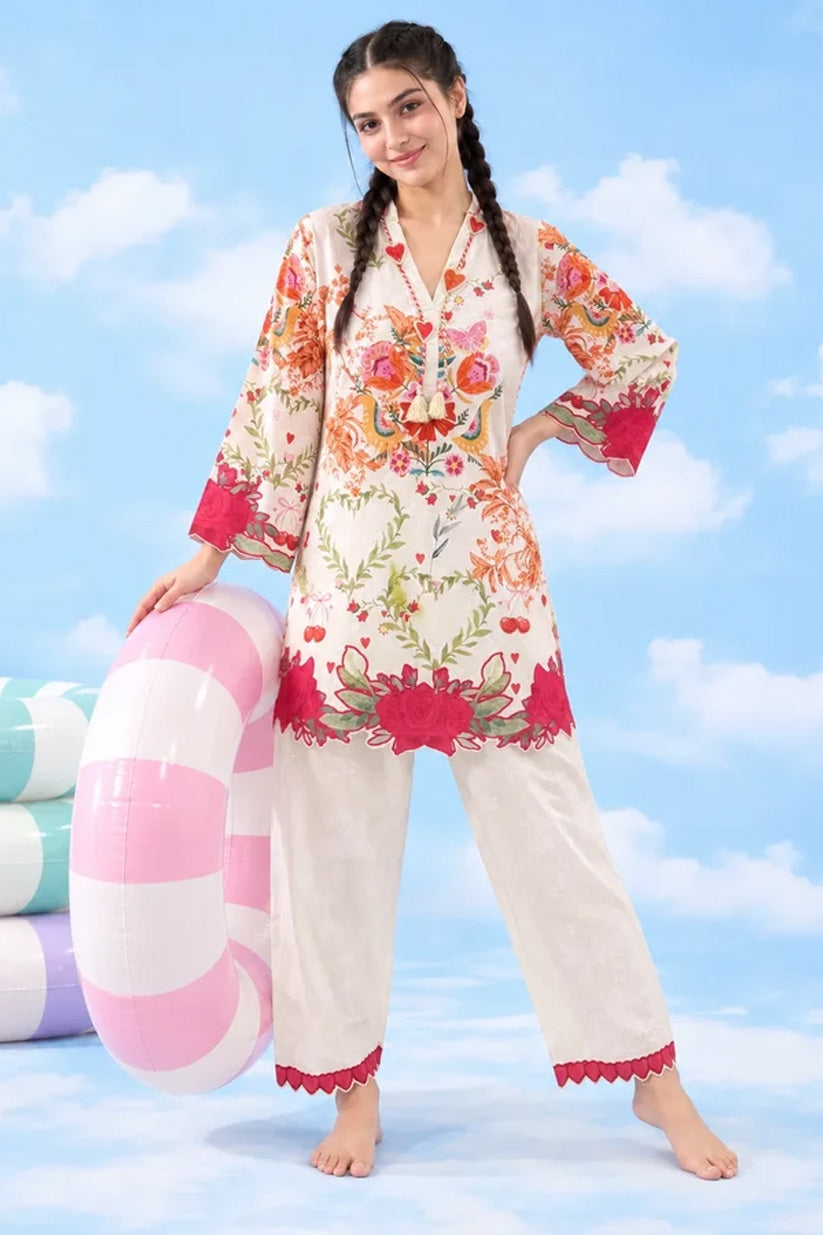 Ivory floral print lawn suit front view – Dhaga Cupid design