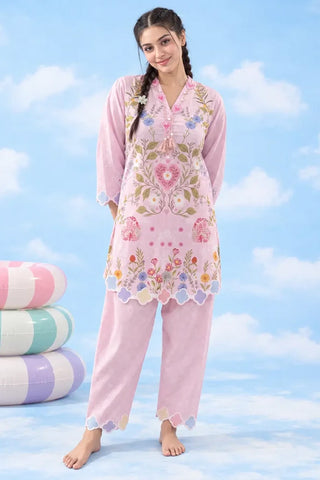 Pastel pink floral print lawn suit front view – Dhaga Pookie design