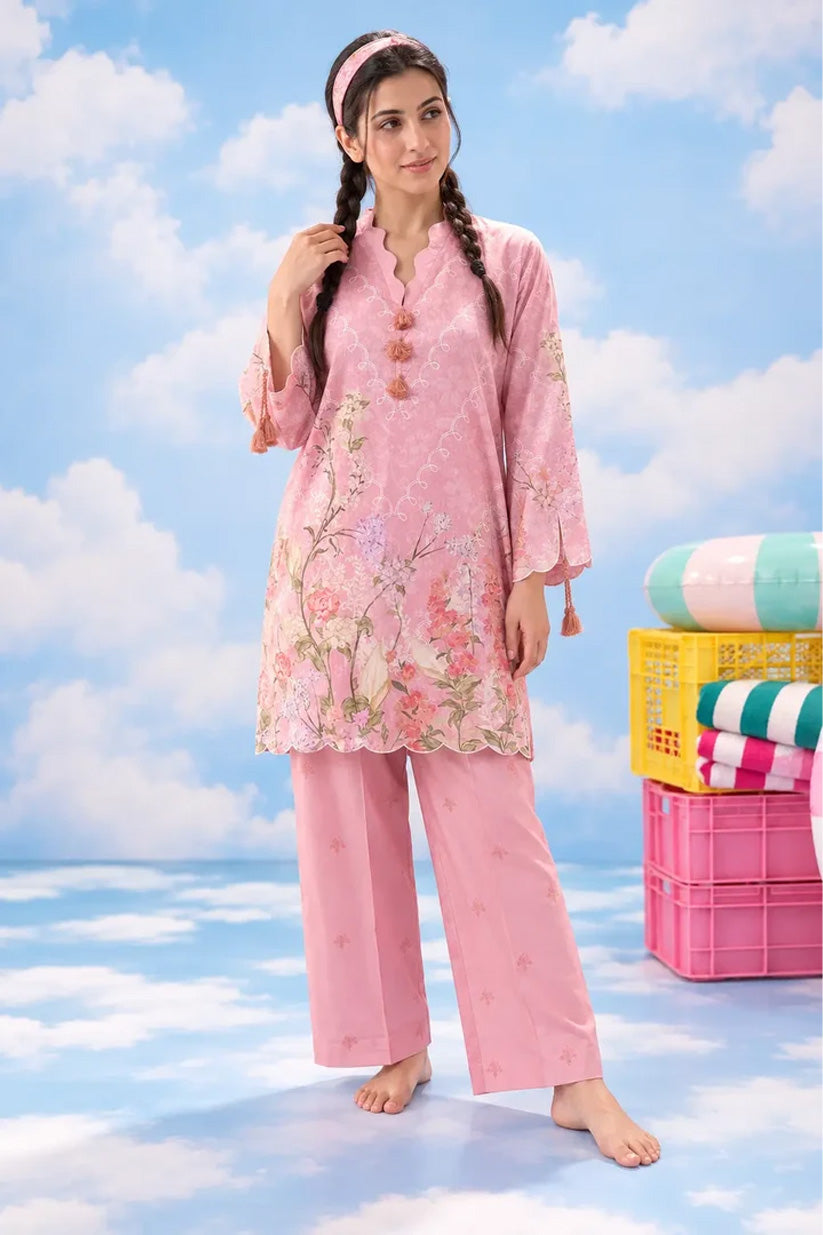 Pink floral print lawn suit three-quarter view – Dhaga Clean Girl design