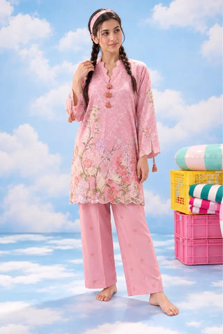 Pink floral print lawn suit three-quarter view – Dhaga Clean Girl design