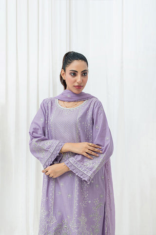 Lilac embroidered stitched 3 piece lawn suit with chiffon dupatta HS282