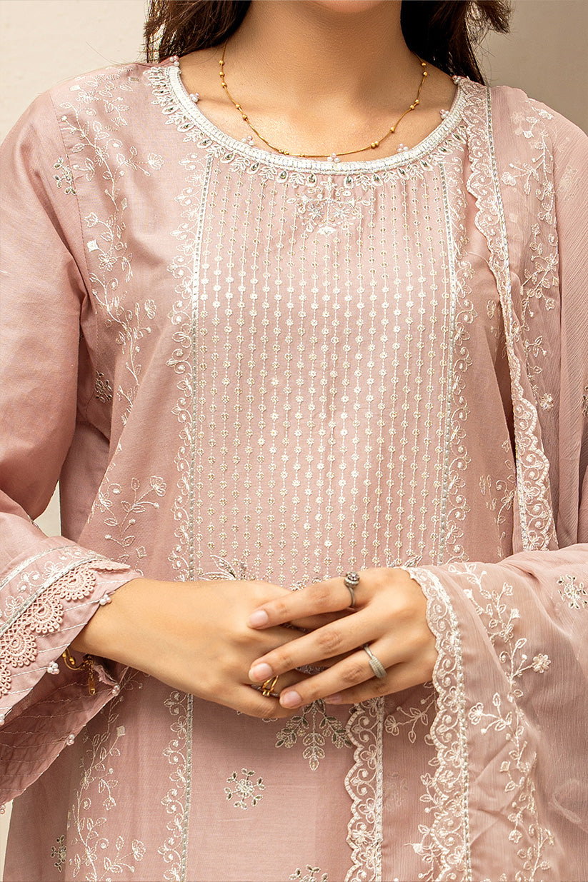 Dusty rose embroidered stitched 3 piece lawn suit with chiffon dupatta HS282