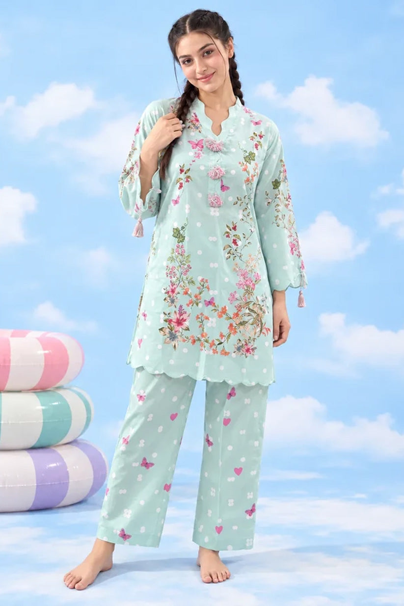 Mint floral print lawn suit front pose – Dhaga It Girl design