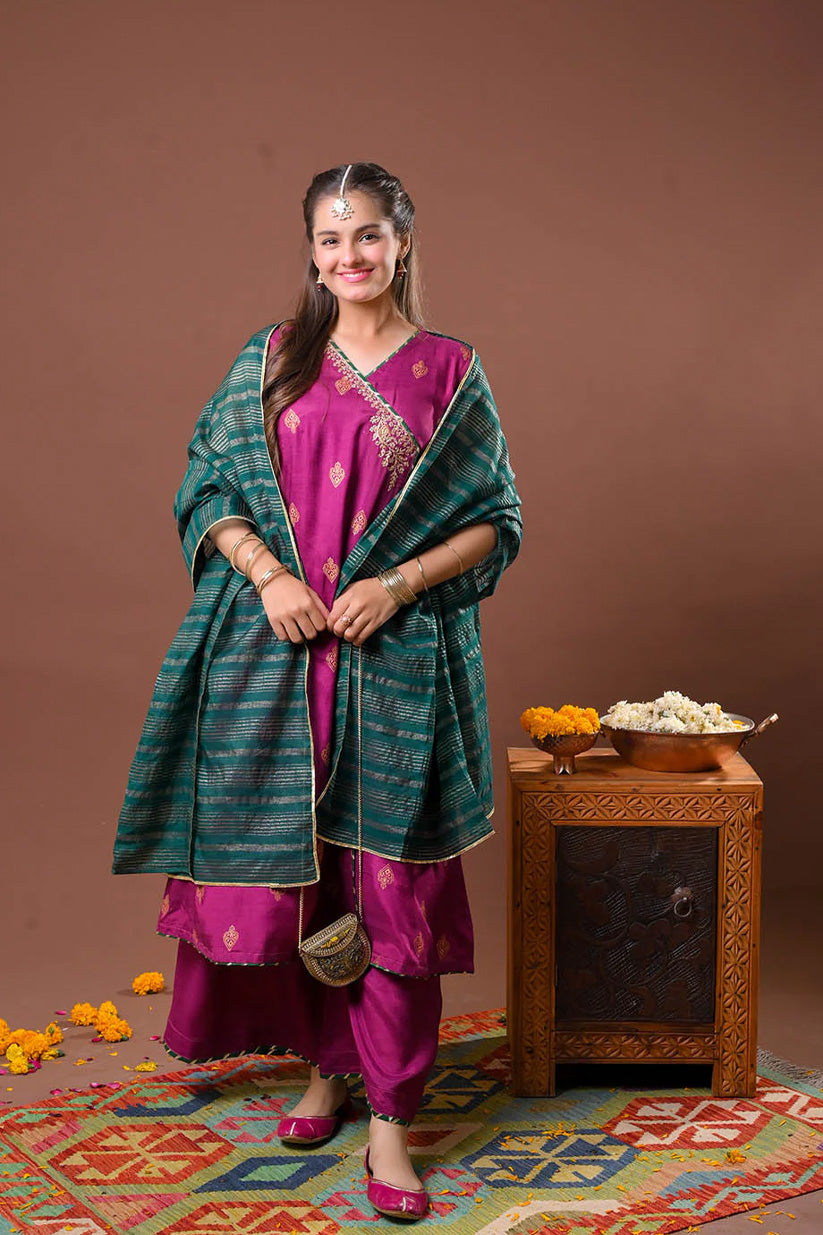 Magenta & Multicolor Girls Formal 3-Piece Suit | Raw Silk