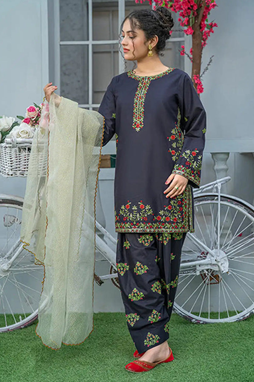 3 Piece Black Embroidered Cambric Suit with Table Printed Shalwar