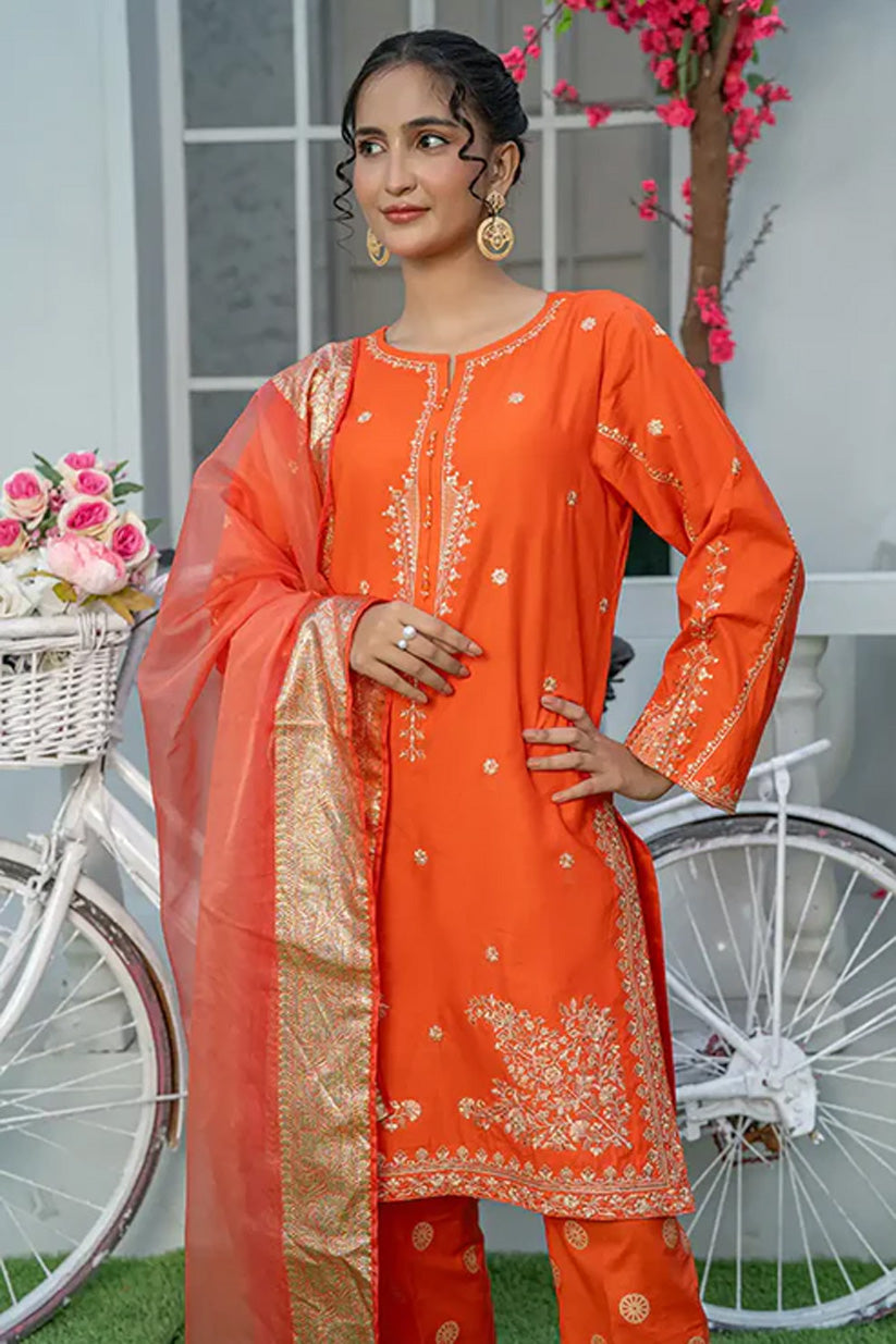 3 Piece Embroidered Cambric Suit with Table Print – Orange | T-EMB-003