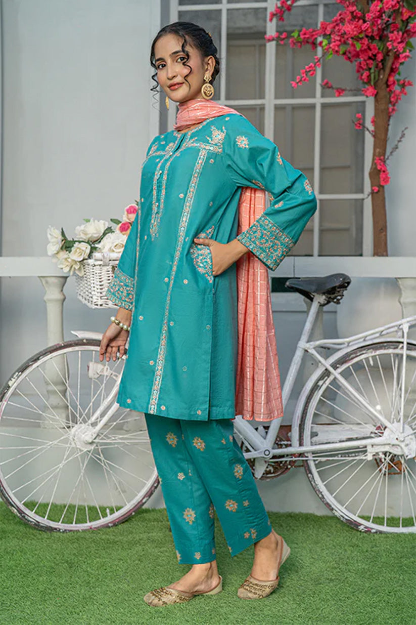 3 Piece Embroidered Cambric Suit with Table Print – Teal | T-EMB-005
