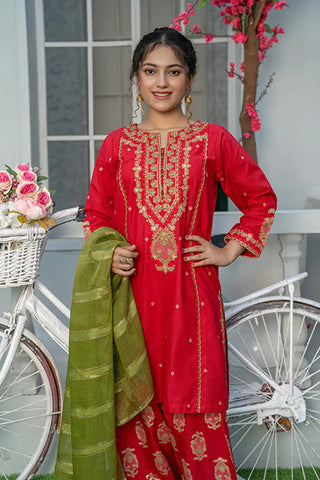3 Piece Embroidered Cambric Suit with Table Print – Red | T-EMB-004
