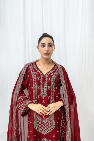 Maroon Embroidered Lawn Suit 3 Pc – Thread & Sequin Work Stitched Dress