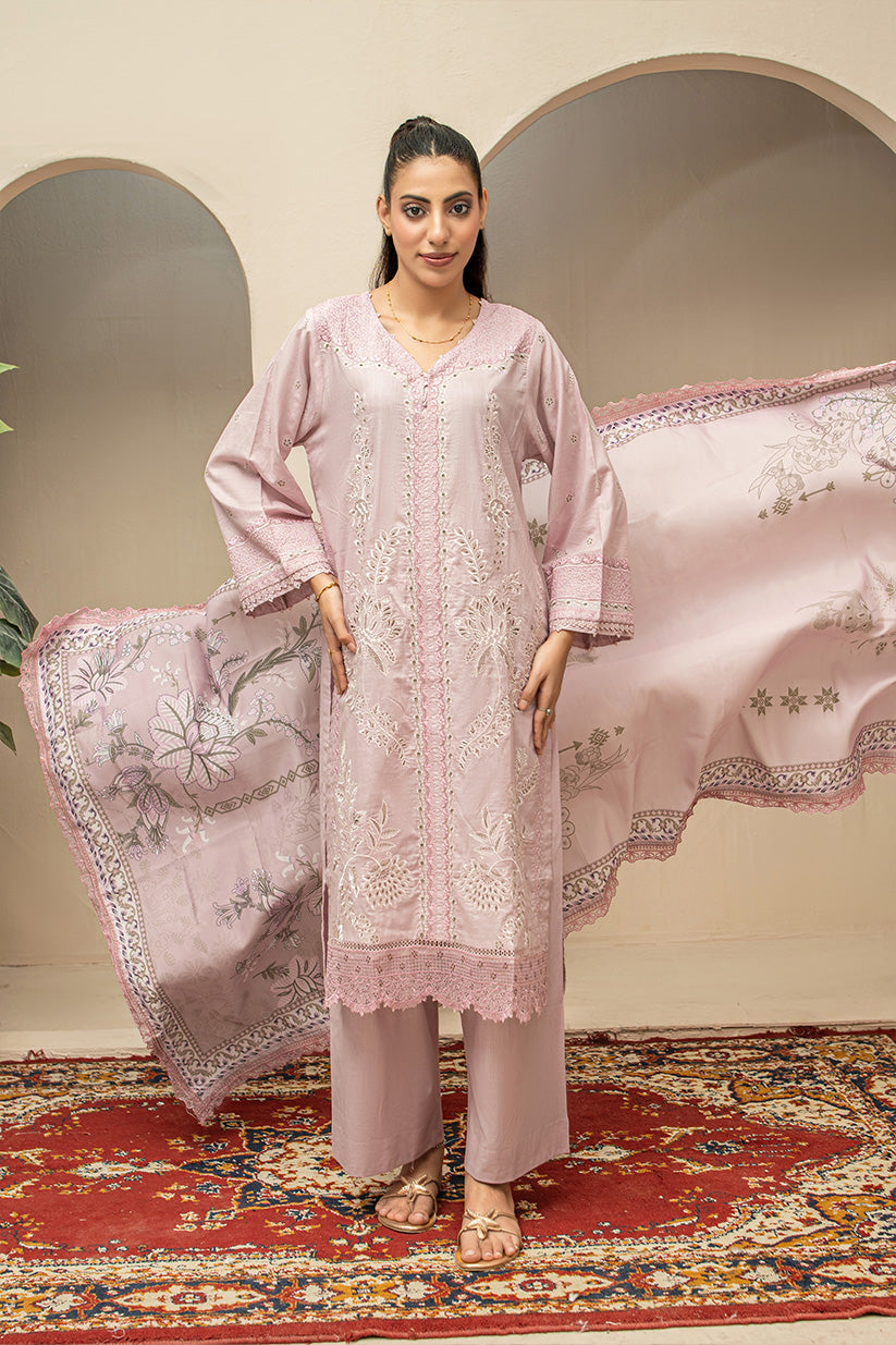 Blush pink embroidered stitched 3 piece lawn suit with digital printed dupatta HS273