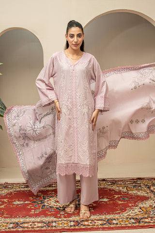 Blush pink embroidered stitched 3 piece lawn suit with digital printed dupatta HS273