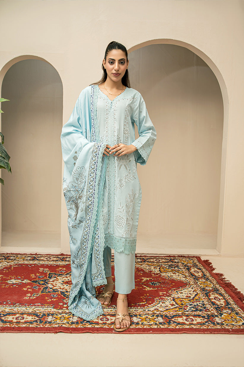 Ice Blue Embroidered 3 Piece Lawn Suit with Digital Printed Dupatta