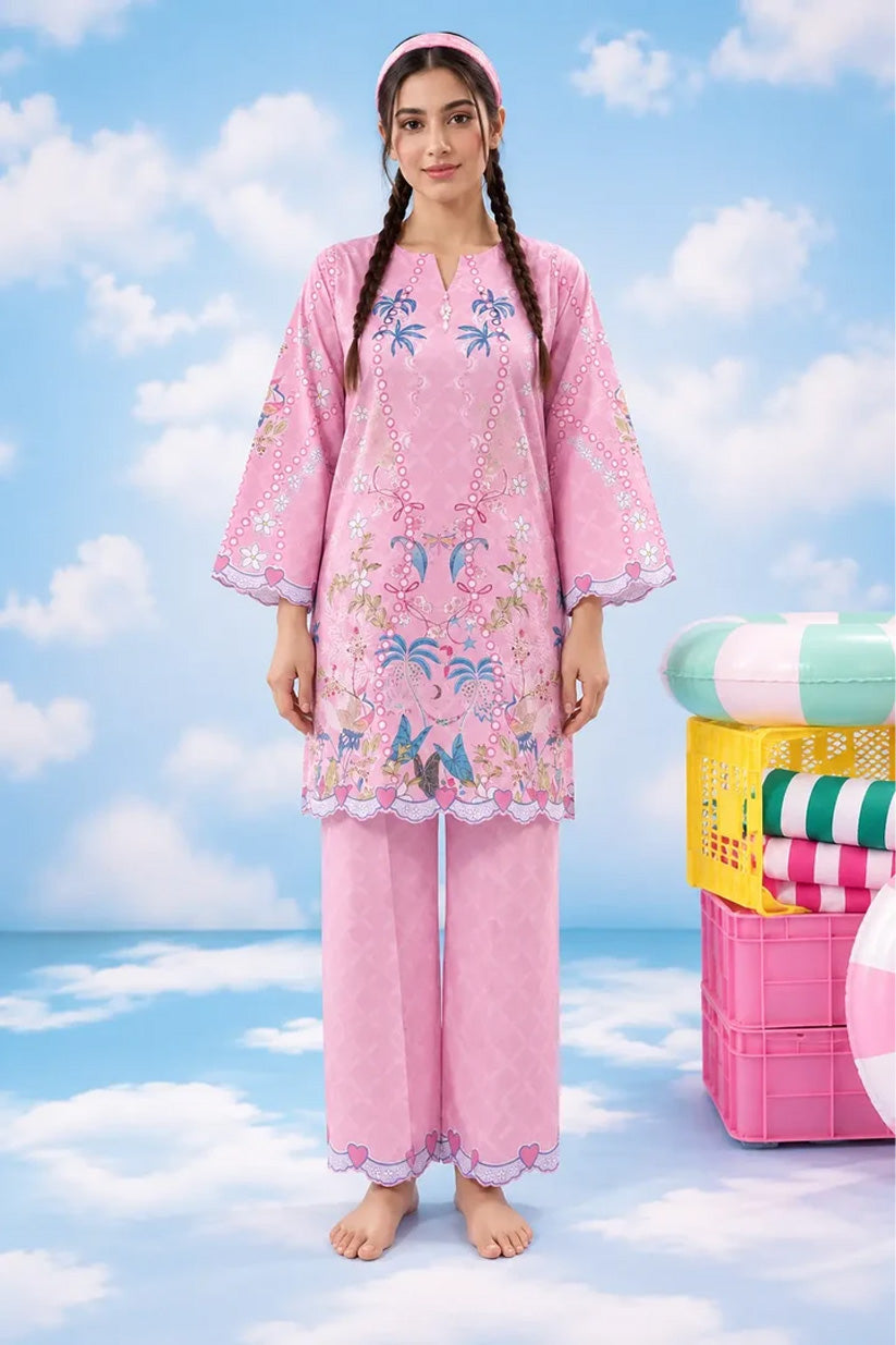 Pink printed lawn suit front view – Dhaga Wonderstruck design