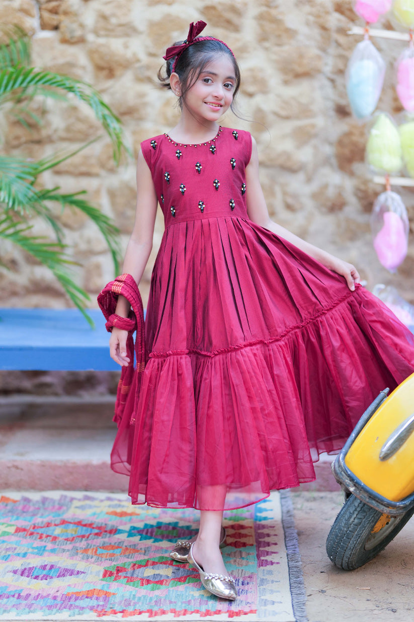 Maroon & Gold Kids Formal Frock 3-Piece Suit | Yarn Fabric