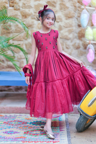 Maroon & Gold Kids Formal Frock 3-Piece Suit | Yarn Fabric