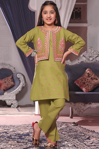 Dhani – Green Koti Style Embroidered Kurta Set for Girls