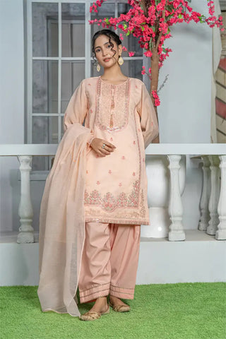 3 Piece Soft Peach Embroidered Indian Zari Organza Suit with Farshi Shalwar – T-FORT-006