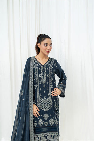 Navy blue embroidered stitched 3 piece lawn suit front view HS280