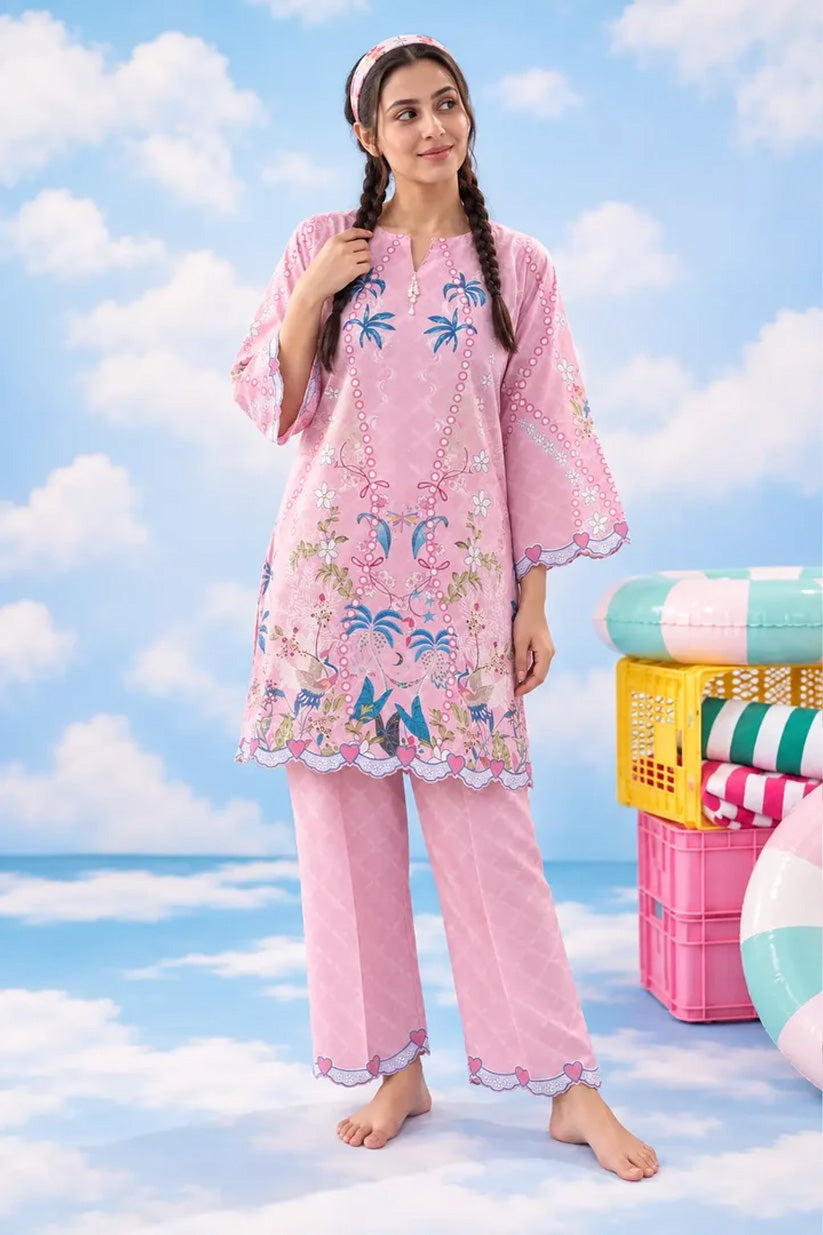 Three-quarter angle view of pink printed lawn co-ord