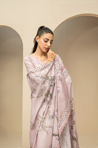 Blush pink embroidered stitched 3 piece lawn suit with digital printed dupatta HS273