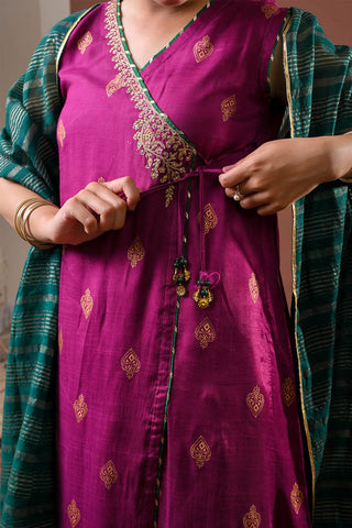 Magenta & Multicolor Girls Formal 3-Piece Suit | Raw Silk