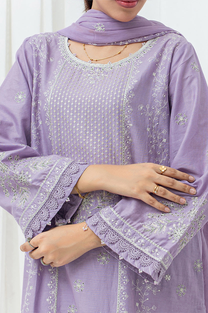 Lilac embroidered stitched 3 piece lawn suit with chiffon dupatta HS282