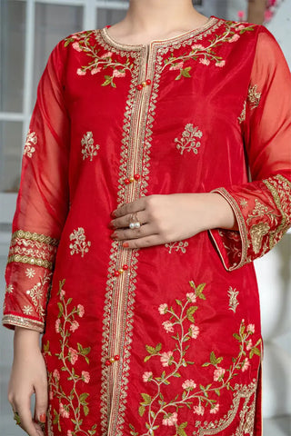 3 Piece Red Embroidered Organza Suit with Elegant Trouser – T-FORT-002
