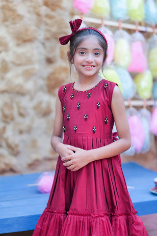 Maroon & Gold Kids Formal Frock 3-Piece Suit | Yarn Fabric