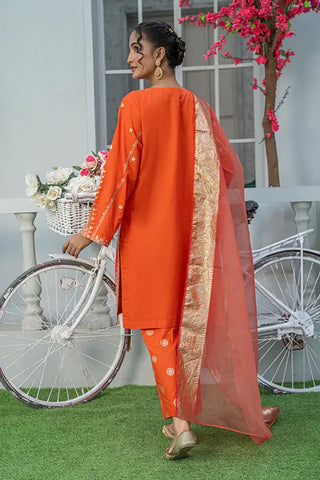 3 Piece Embroidered Cambric Suit with Table Print – Orange | T-EMB-003