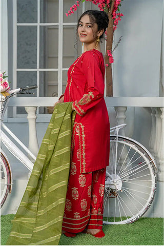 3 Piece Embroidered Cambric Suit with Table Print – Red | T-EMB-004