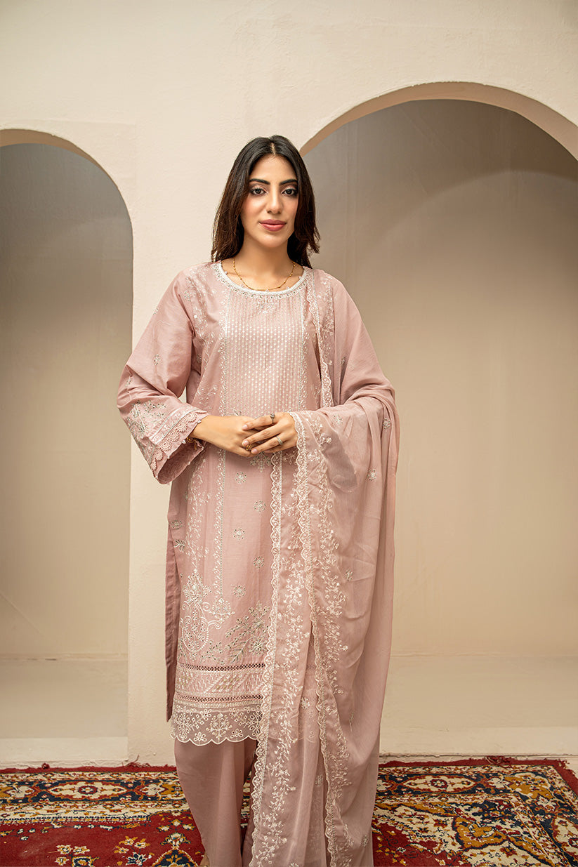 Dusty rose embroidered stitched 3 piece lawn suit with chiffon dupatta HS282