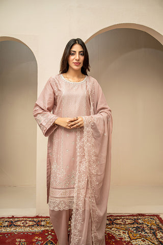 Dusty rose embroidered stitched 3 piece lawn suit with chiffon dupatta HS282