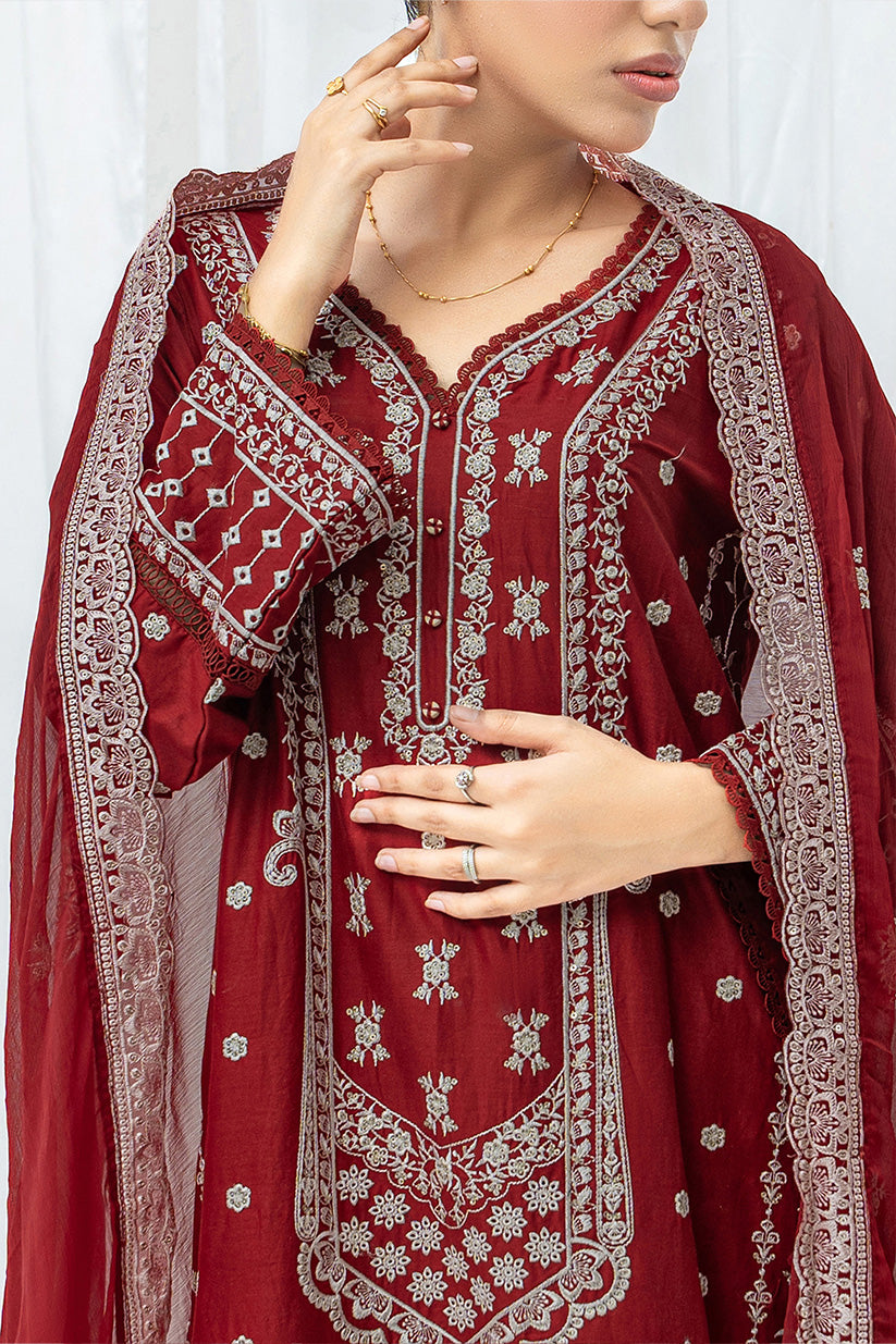 Maroon Embroidered 3 Piece Suit – Chiffon Embroidered Dupatta