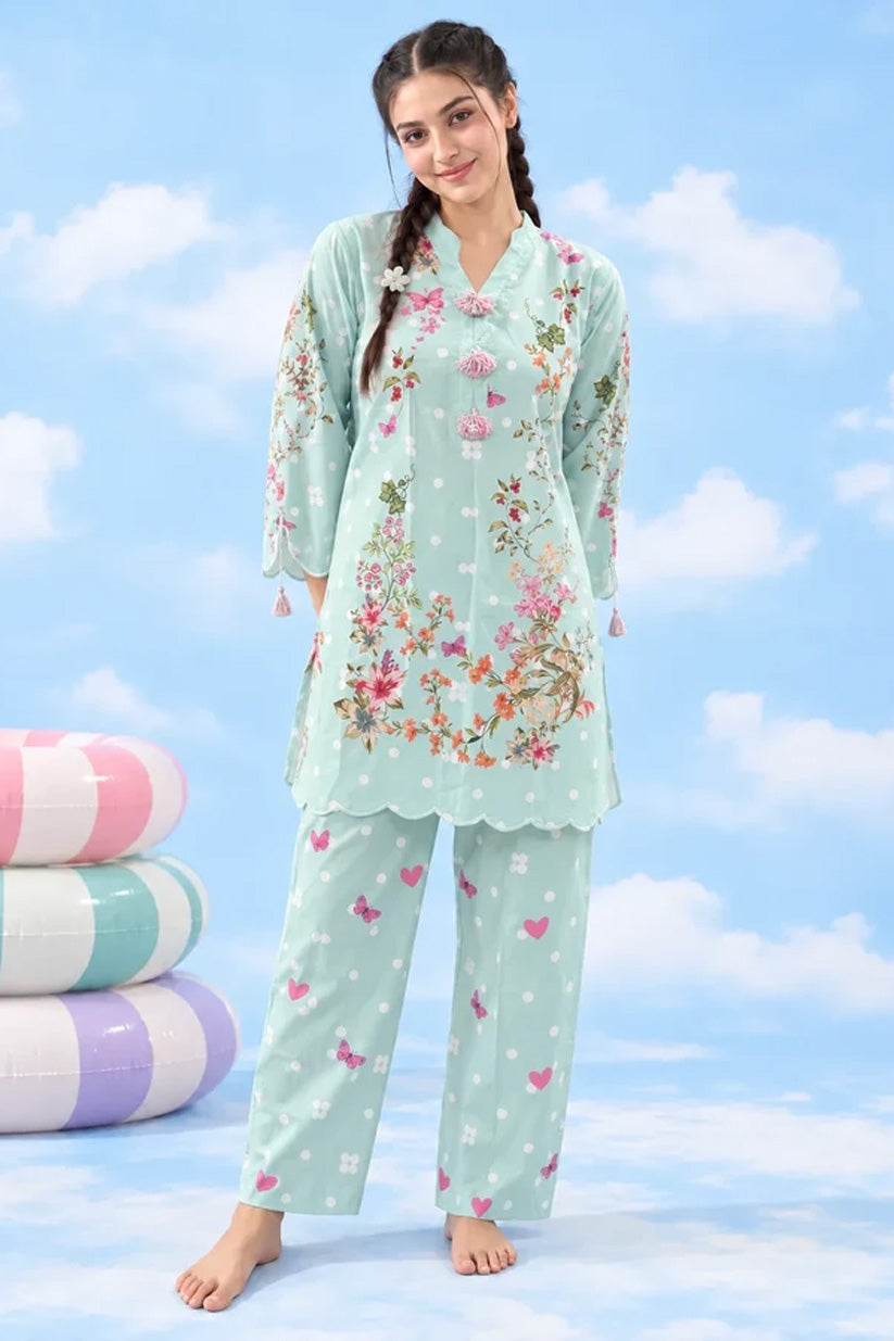 Mint floral two-piece lawn co-ord full front view