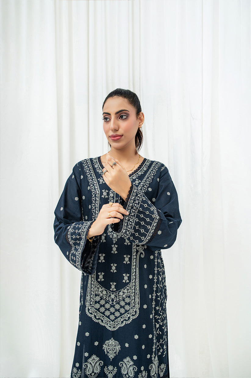 Embroidered sleeve detail on navy blue lawn suit HS280