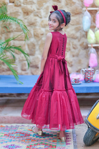 Maroon & Gold Kids Formal Frock 3-Piece Suit | Yarn Fabric
