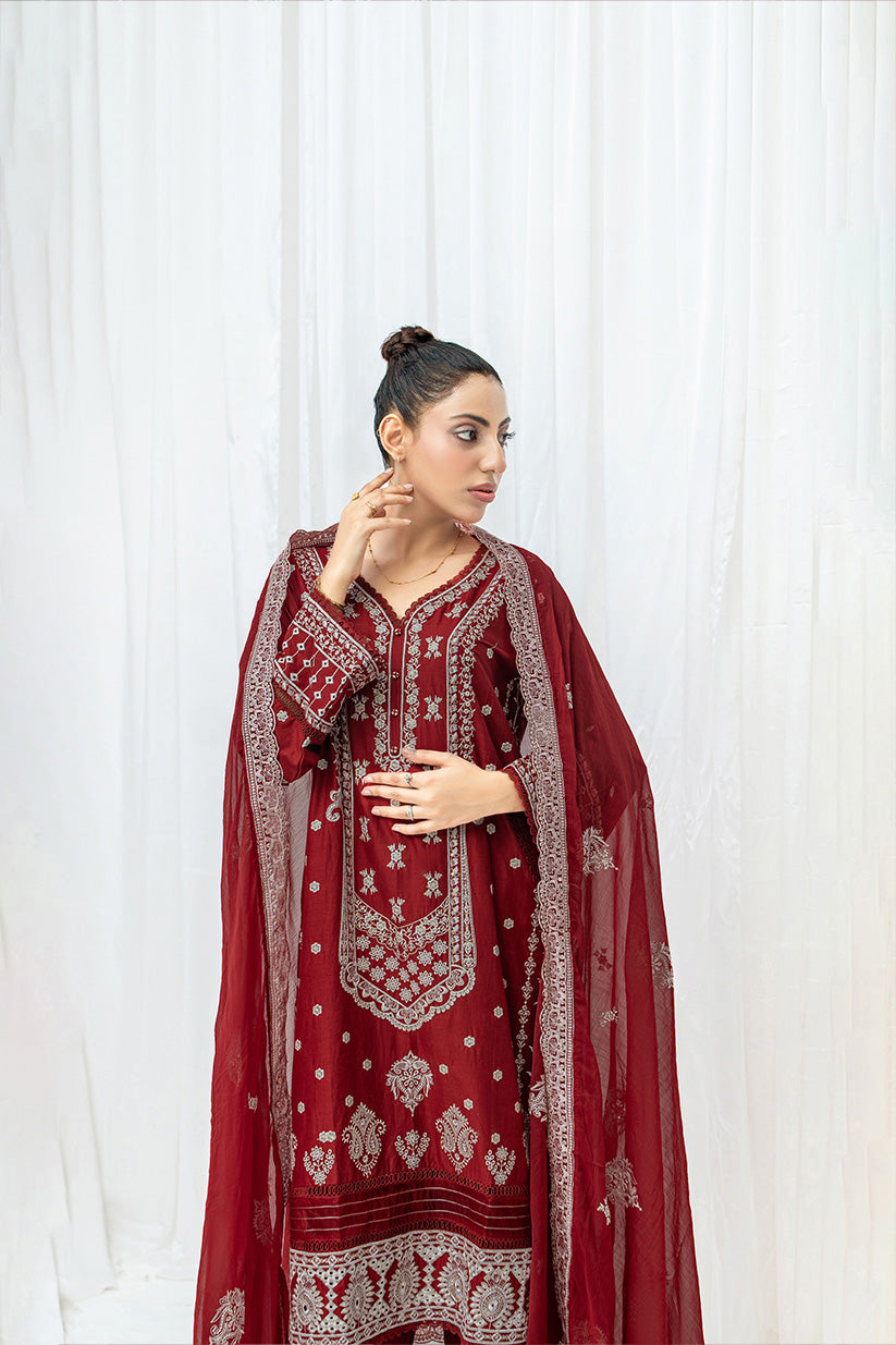 Maroon Embroidered Suit – Festive & Party Wear 3 Pc with Chiffon Dupatta