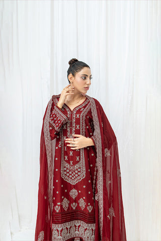 Maroon Embroidered Suit – Festive & Party Wear 3 Pc with Chiffon Dupatta