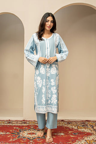 Powder Blue Chain Stitch Embroidered Lawn Suit 2 Pc – Stitched Ladies Dress