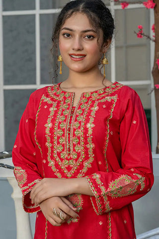 3 Piece Embroidered Cambric Suit with Table Print – Red | T-EMB-004