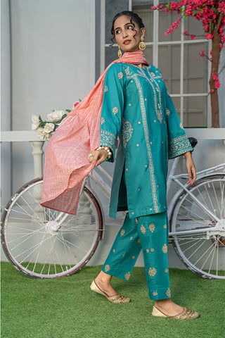 3 Piece Embroidered Cambric Suit with Table Print – Teal | T-EMB-005