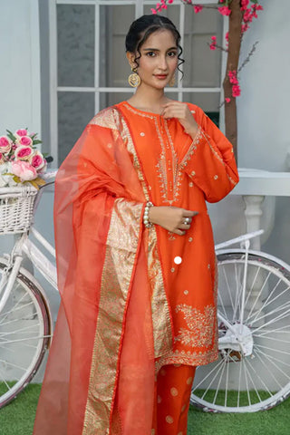 3 Piece Embroidered Cambric Suit with Table Print – Orange | T-EMB-003