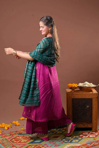 Magenta & Multicolor Girls Formal 3-Piece Suit | Raw Silk