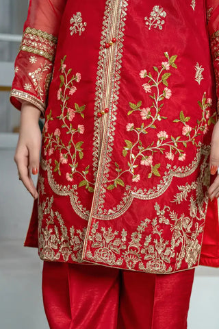 3 Piece Red Embroidered Organza Suit with Elegant Trouser – T-FORT-002