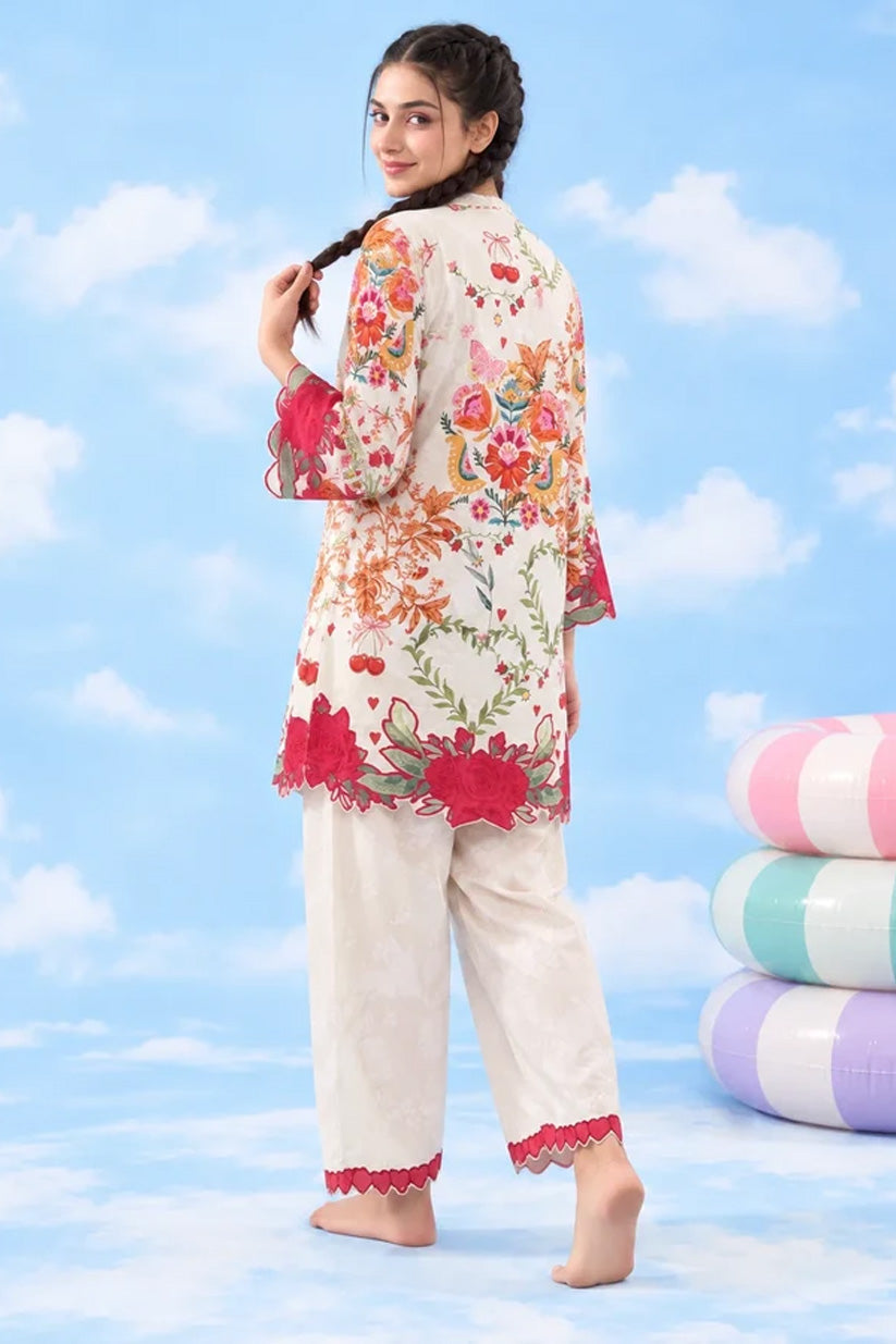 Three-quarter back view of ivory printed lawn co-ord