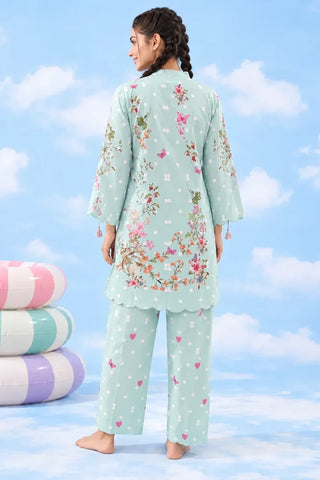 Back view of mint floral two-piece co-ord