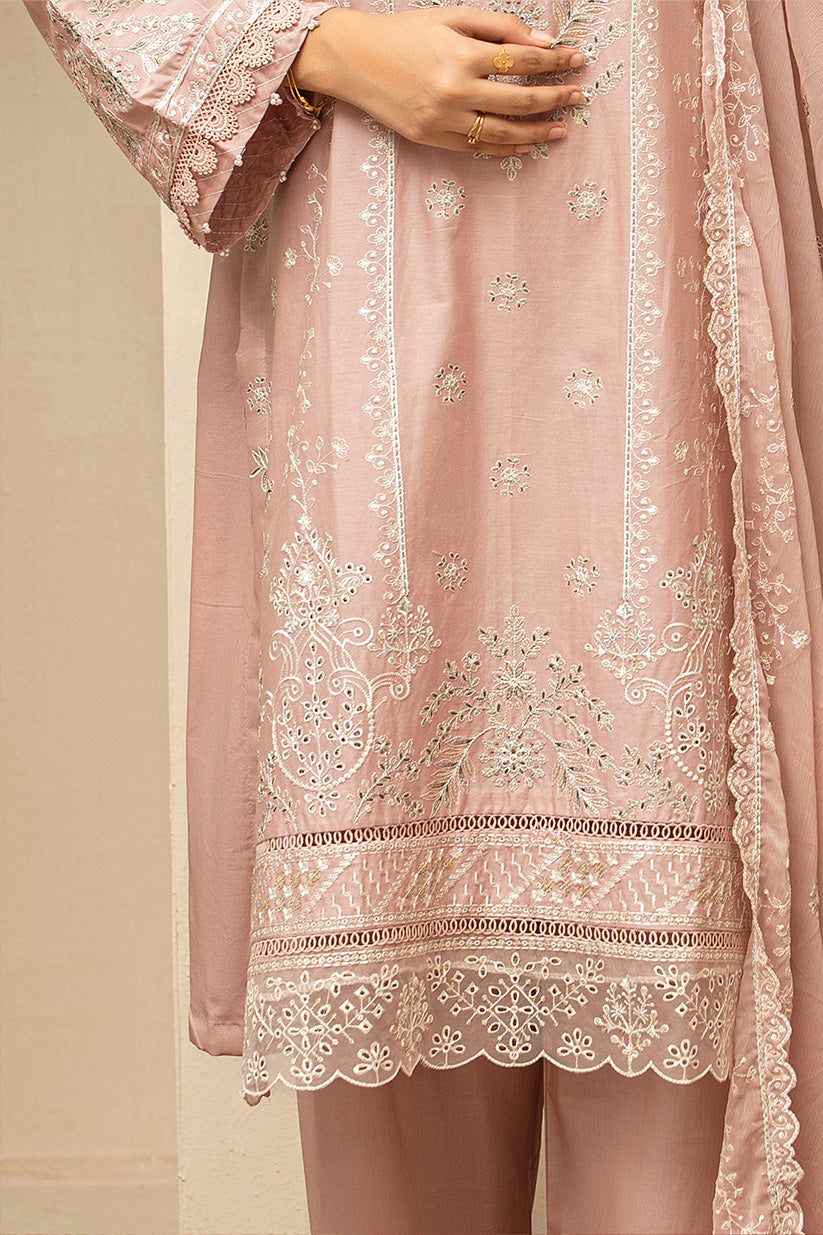 Dusty rose embroidered stitched 3 piece lawn suit with chiffon dupatta HS282