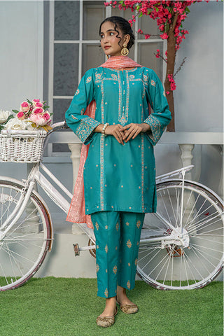 3 Piece Embroidered Cambric Suit with Table Print – Teal | T-EMB-005