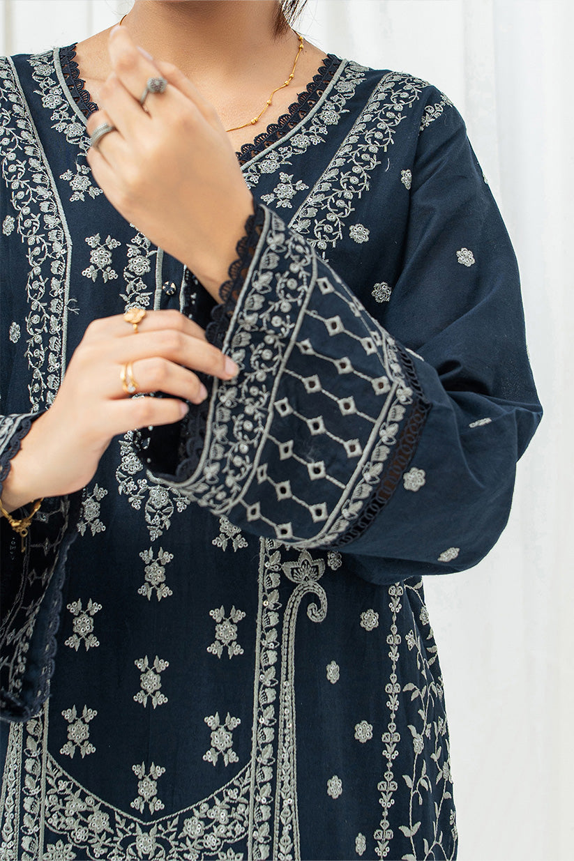 Navy blue embroidered lawn suit back view HS280