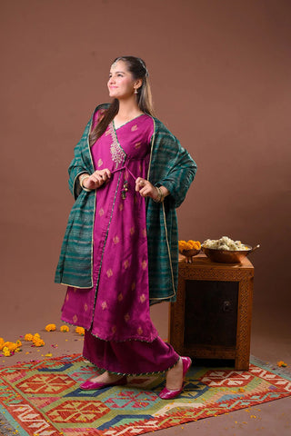 Magenta & Multicolor Girls Formal 3-Piece Suit | Raw Silk